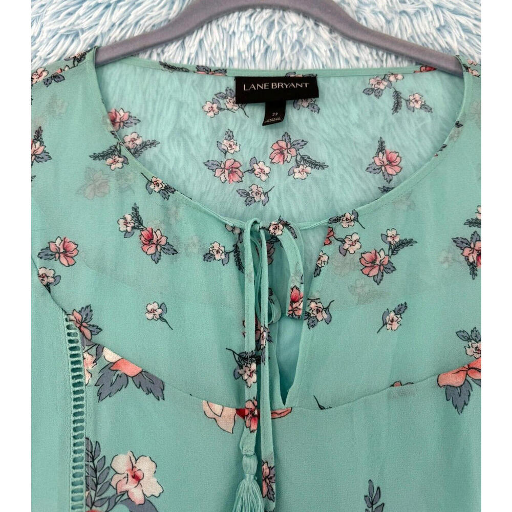 Lane Bryant Women's Size 22 Floral Balloon Sleeve Keyhole Tassel Neck Top - Chic - Picture 7 of 13